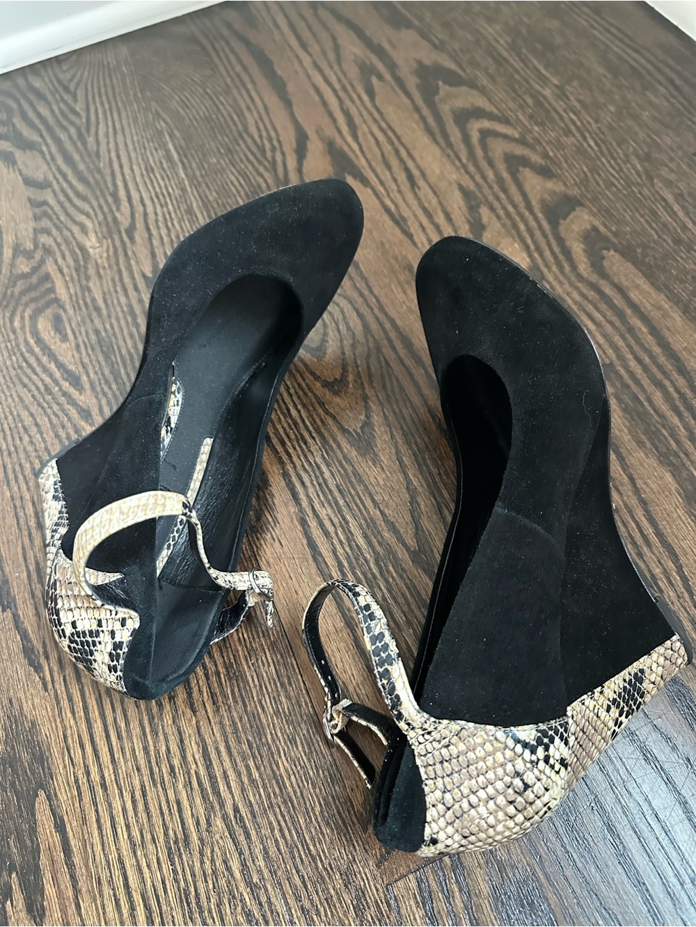 WHBM (from 2008) Black Suede Wedge Pumps with Snake-Print Accent Genuine Leather